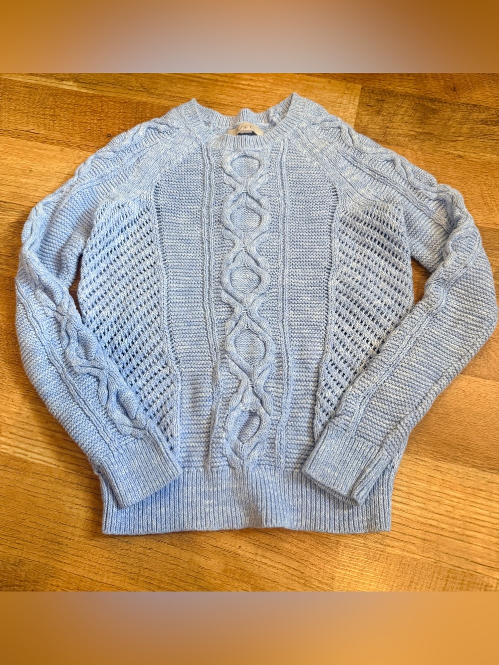 LOFT Soft Sky Blue Cable & Open-Knit Crewneck Sweater